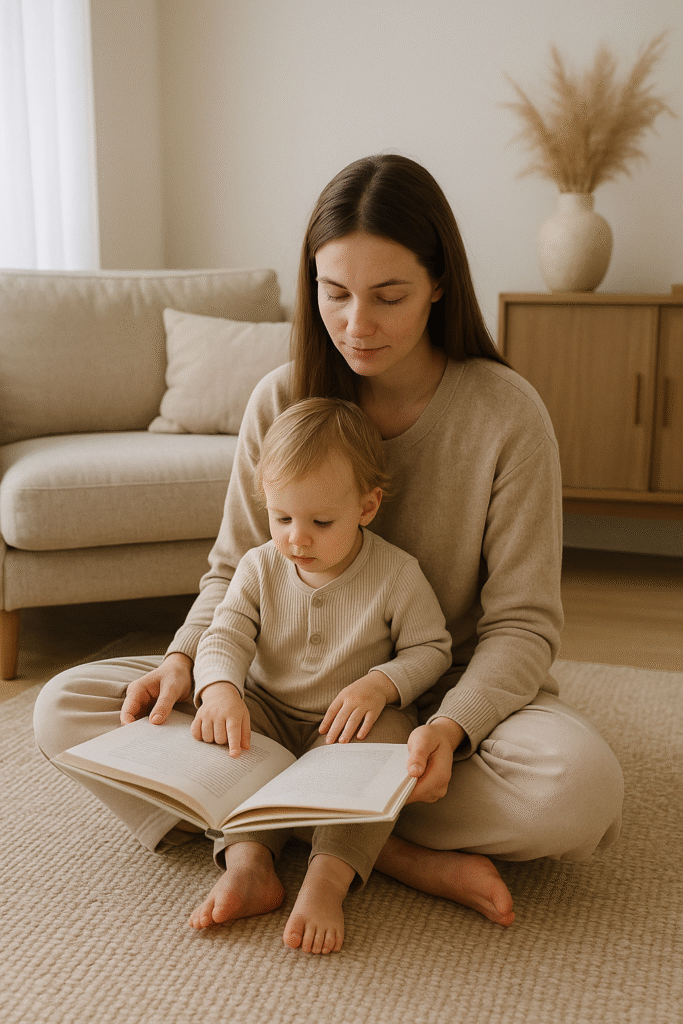 A mother practicing mindful parenting at home by reading with her small child in a simple, calm living room