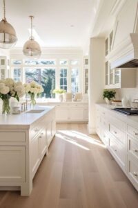 Bright, modern kitchen with flowers.