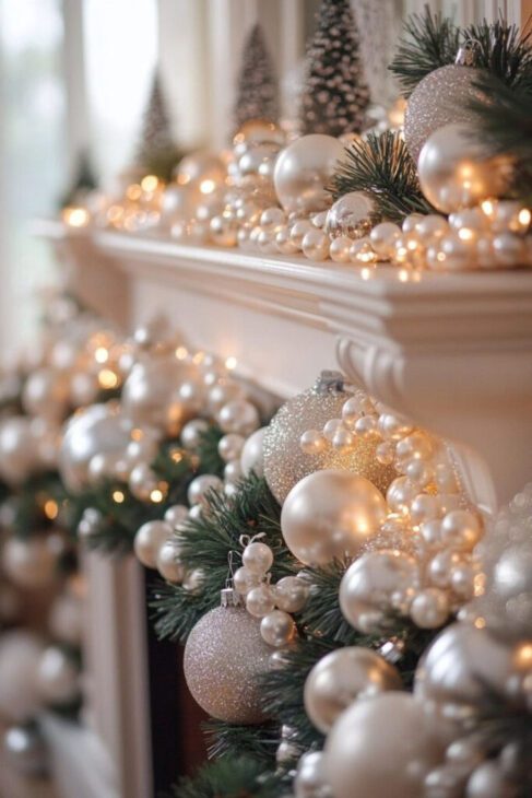 White fireplace mantel decorated with a pearl ornament garland, warm fairy lights and frosted mini trees