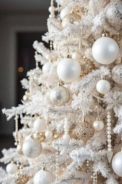 Flocked white Christmas tree with large pearl white ornaments and beaded garland