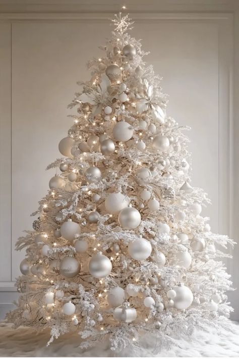 Full Christmas tree decorated with cream pearl ornaments, champagne accents and warm white lights