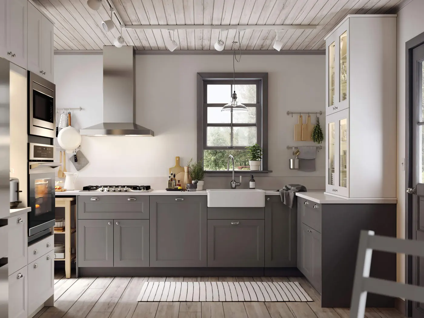 minimalist kitchen essentials on open shelvingrustic kitchen ideas with gray shaker cabinets,white countertops ,open shelving,and natural light