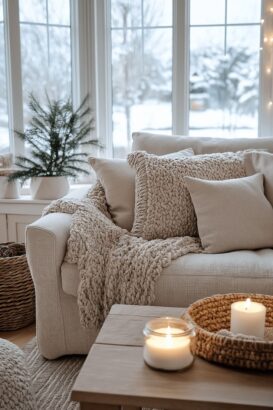 Cozy winter living room with candles.