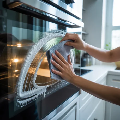 photo of a person cleaning oven glass