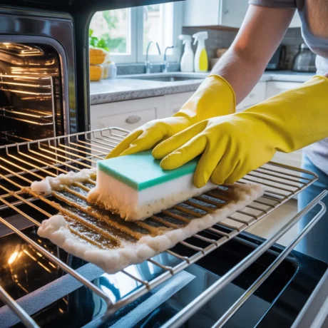 someone cleaning greasy oven racks inside an open kitchen oven