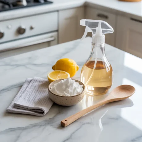 natural oven cleaning ingredients on a marble kitchen counter,