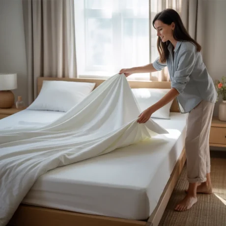 woman making a bed with freshly ironed white sheets