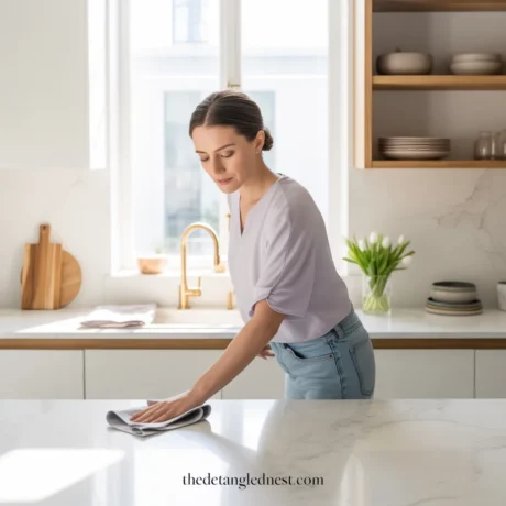  wiping the kitchen counter with a microfiber cloth