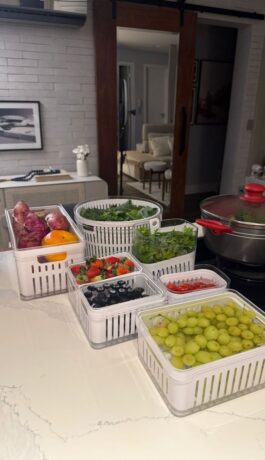 Simple fridge organization ideas with clear containers, fresh vegetables, fruit, and neatly arranged produce for a clean organized refrigerator.