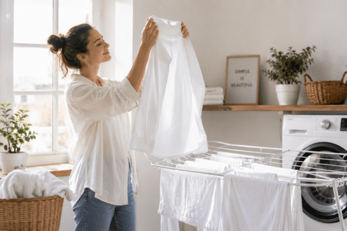 How to get white clothes white again with simple laundry habits, featuring a woman inspecting bright white clothing in a clean and organized laundry room.