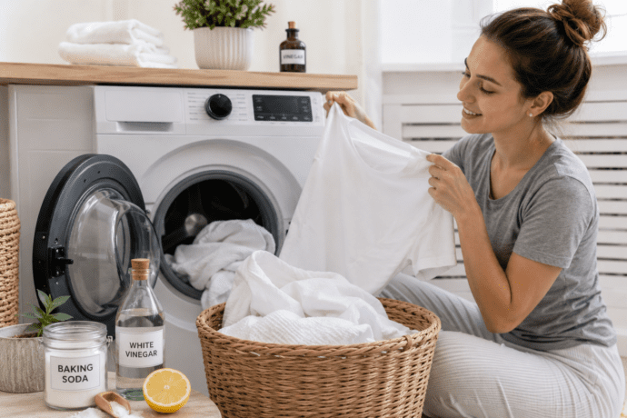 How to get white clothes white again with natural laundry solutions including white vinegar, baking soda, and proper washing techniques.