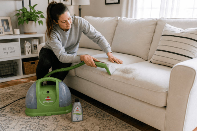Woman cleaning a coffee stain from a fabric couch with a BISSELL Little Green portable upholstery cleaner in a bright living room