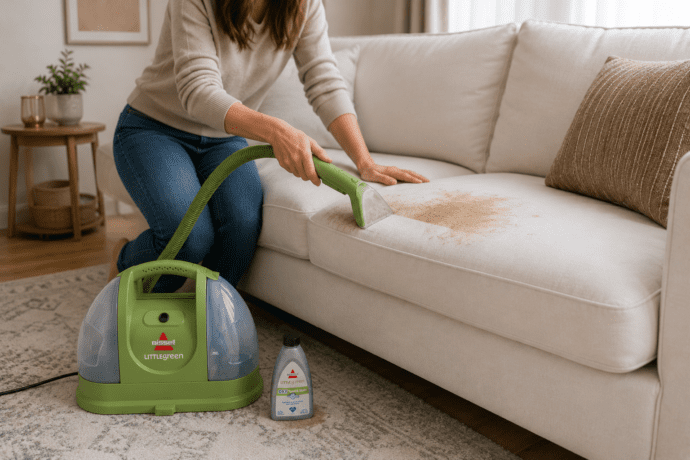 Removing a coffee stain from a fabric couch with a BISSELL Little Green upholstery cleaner