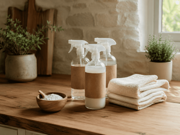 Rustic kitchen cleaning kit with spray bottles, microfiber cloths, and baking soda on a wood countertop