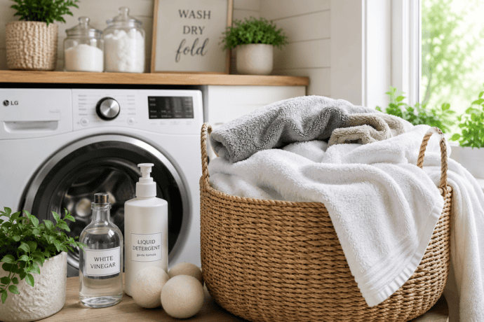 How to wash towels in the washing machine with white vinegar, gentle liquid detergent, and wool dryer balls for soft, fluffy, and absorbent bath towels in a bright modern laundry room.