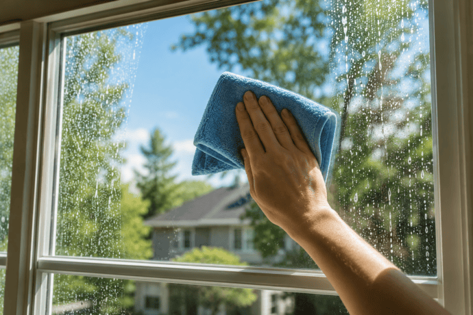 Hand wiping a residential window with a blue microfiber cloth, removing soap residue and leaving the glass clean, clear, and streak-free in natural daylight.