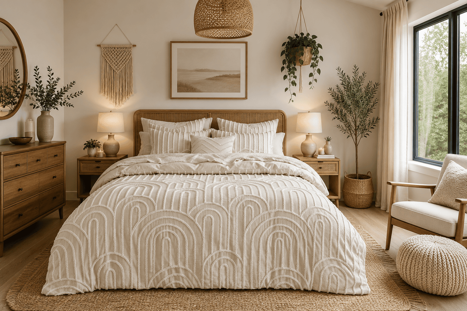 Modern boho bedroom ideas with a textured ivory duvet cover, rattan headboard, woven pendant light, neutral decor, indoor plants, and soft natural sunlight creating a warm, cozy atmosphere.