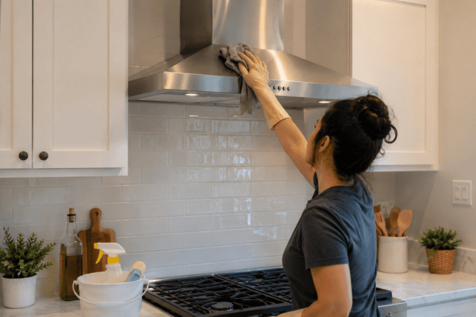 Woman cleaning a stainless steel kitchen range hood with a microfiber cloth in a bright modern home kitchen with white cabinets and natural daylight.