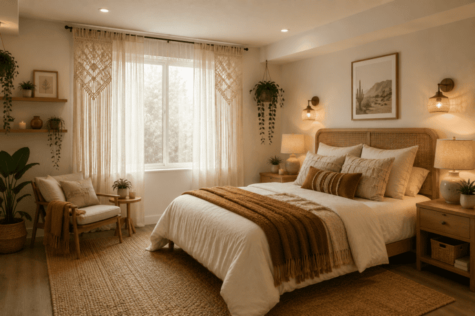 Cozy boho-inspired basement bedroom with layered warm lighting, a natural jute rug, neutral bedding, woven textures, wood furniture, and a window seat creating a bright, inviting retreat.