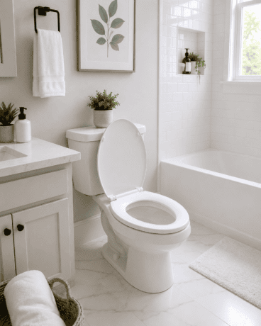 Sparkling clean modern bathroom with an open toilet lid, spotless white porcelain toilet, bright natural light, and a fresh, organized interior after deep cleaning.