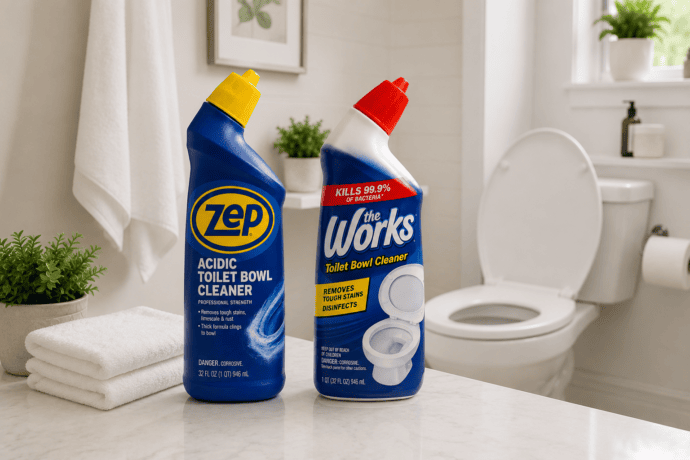Zep Acidic Toilet Bowl Cleaner and The Works Toilet Bowl Cleaner displayed in a spotless modern bathroom with a freshly cleaned open toilet in the background.