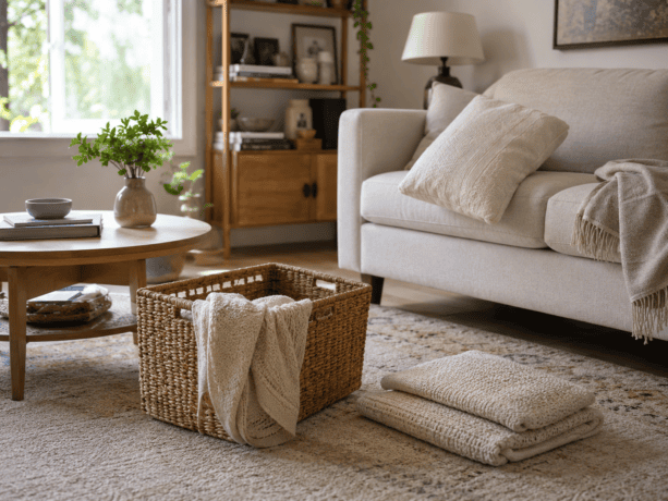tcozy living room mid-
tidy with a basket and folded blanket, natural light