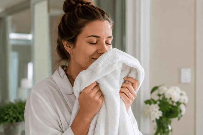 Woman enjoying a soft, fluffy bath towel after a shower, holding it close to her face in a bright bathroom, showing how to wash towels so they stay soft, fresh-smelling, and absorbent.
