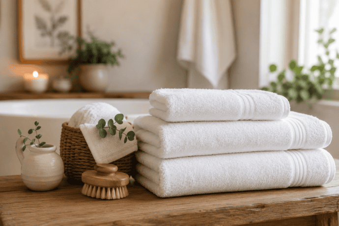 How to wash towels for long-lasting softness with neatly folded fluffy white bath towels in a cozy spa-style bathroom featuring natural wood accents and fresh eucalyptus décor.