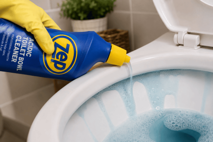 Gloved hand applying Zep Acidic Toilet Bowl Cleaner under the rim of a toilet to remove hard water stains and mineral buildup.