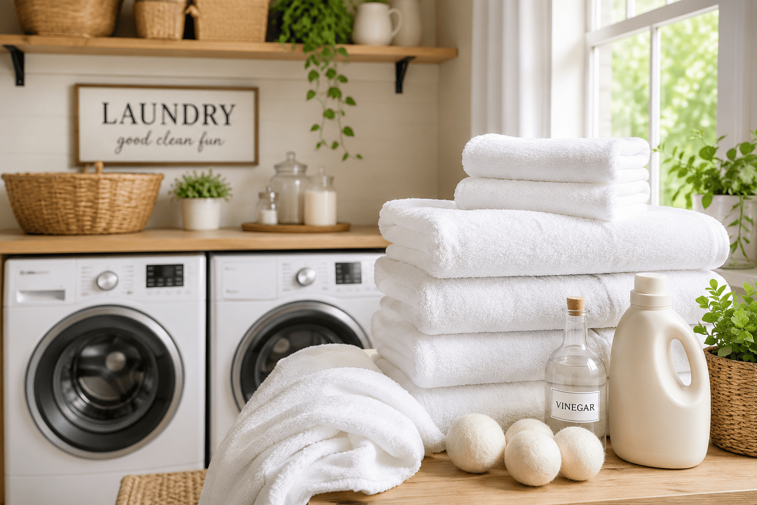 How to wash towels properly: soft, fluffy white bath towels folded in a bright modern laundry room with a washing machine, gentle detergent, white vinegar, and wool dryer balls on a wooden countertop.
