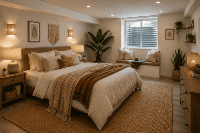 Cozy boho-inspired basement bedroom with layered warm lighting, a natural jute rug, neutral bedding, woven textures, wood furniture, and a window seat creating a bright, inviting retreat.
