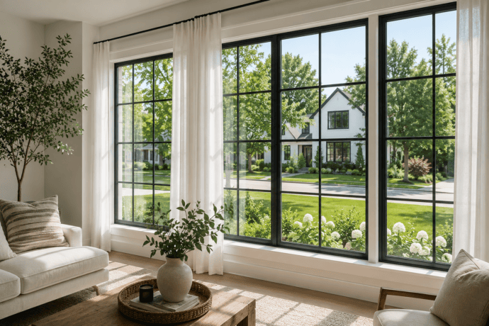 Bright modern living room with spotless floor-to-ceiling windows, sheer white linen curtains, and a clear view of a beautifully maintained home and garden outside.