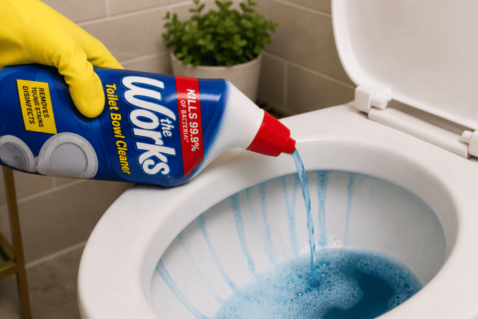Gloved hand pouring The Works Toilet Bowl Cleaner into a toilet bowl for removing rust stains and hard water deposits.