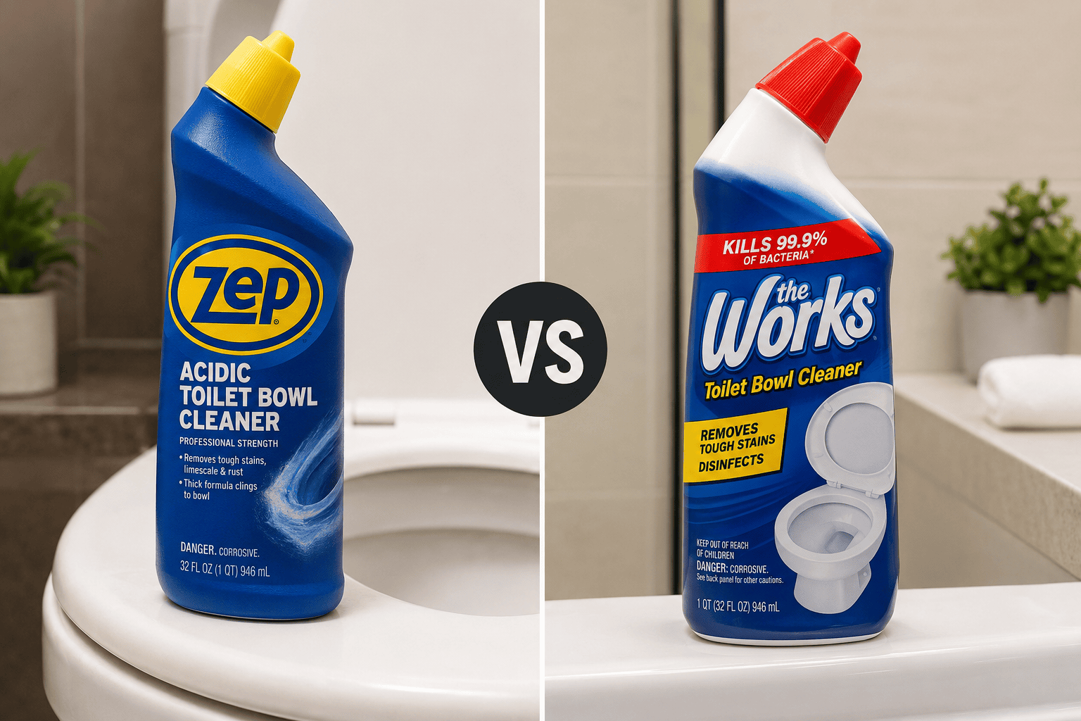 Zep Acidic Toilet Bowl Cleaner and The Works Toilet Bowl Cleaner displayed in a bright, modern bathroom before cleaning.