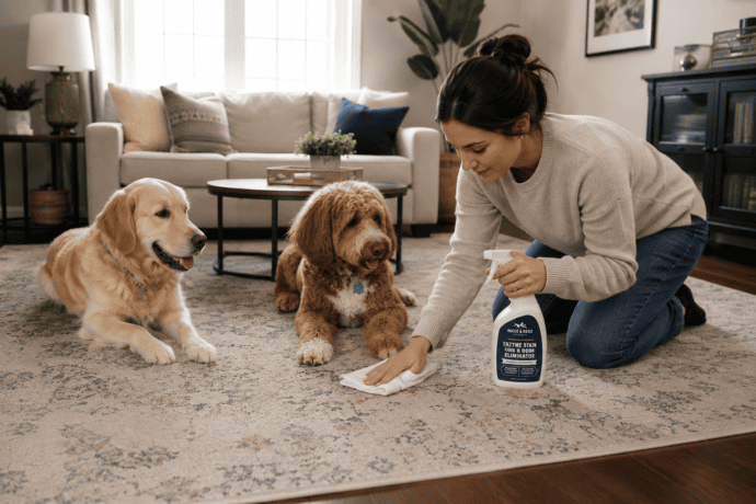 Woman spot cleaning a living room rug with Rocco & Roxie Enzyme Stain & Odor Eliminator while two dogs relax nearby.how to keep rugs clean with dogs