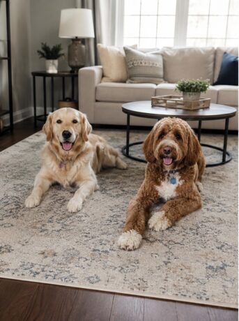 keeping rugs clean with dogs - vacuuming pet hair from a rug while a golden retriever rests nearby
