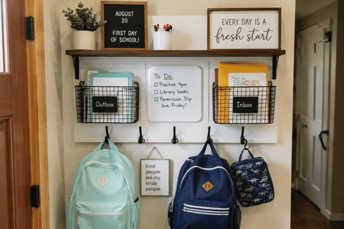 Back to school command center with backpacks, permission slips, school papers, and entryway organizers for a clutter-free family drop zone.