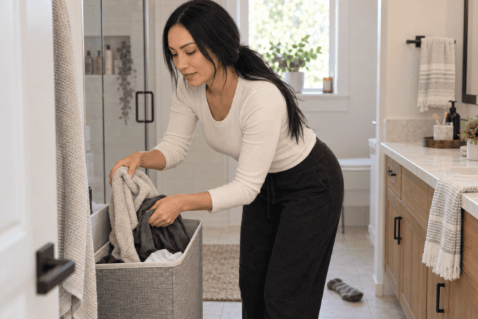 Woman tidying everyday clutter at home while asking, βWhy does my house always get messy?β