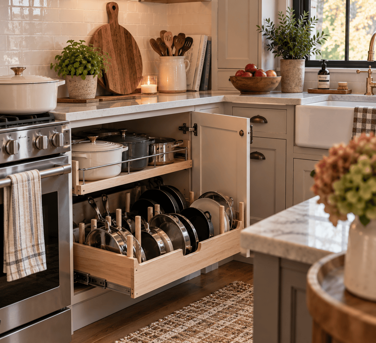 Organized pots and pans storage ideas in a small kitchen cabinet with pull-out drawers and space-saving cookware organizers.