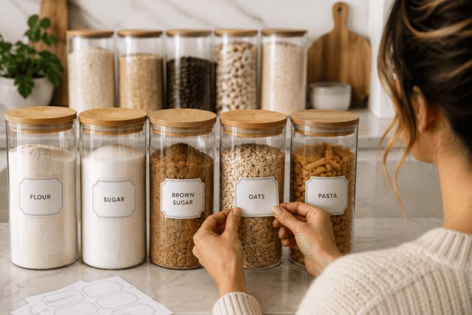 Woman applying pantry labels to clear food storage containers filled with flour, sugar, brown sugar, oats, and pasta.