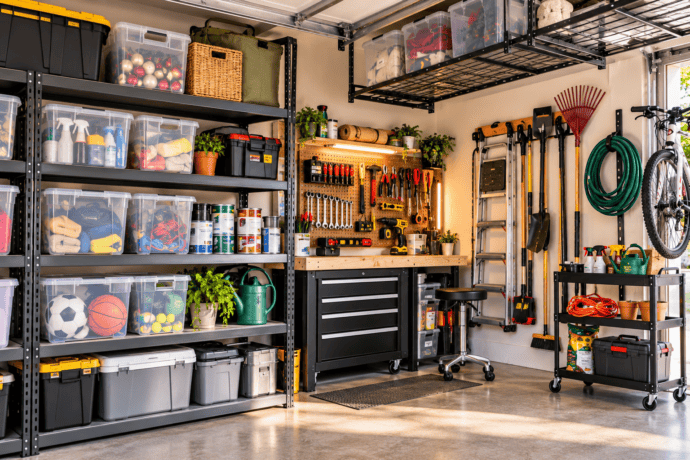 Garage organization ideas on a budget featuring clear storage bins, wall-mounted tools, overhead shelving, bike storage, and an organized workbench in a small garage.