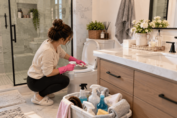 Woman following a Bathroom Cleaning Checklist, wiping a bathroom vanity with a microfiber cloth and cleaning spray in a bright, organized bathroom.