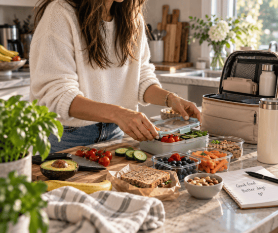  Woman using a lunch packing system to prepare healthy lunchboxes with sandwiches, vegetables, fruit, and snacks in a home kitchen.