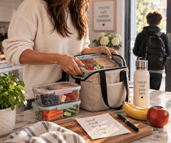 Mom using a lunch packing system to pack a healthy lunchbox into an insulated lunch bag before her child leaves for school.