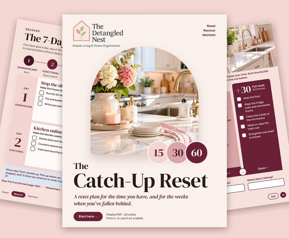 The Catch-Up Reset, a fillable home reset guide with 15, 30 and 60-minute plans, shown on the cover and two inside pages